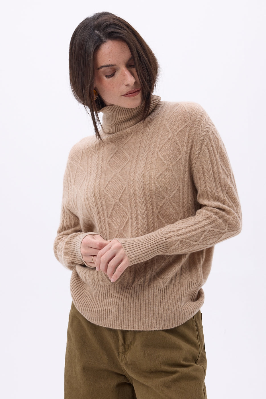 Bufanda triangular de punto trenzado Tory - Beige crema - Mujer