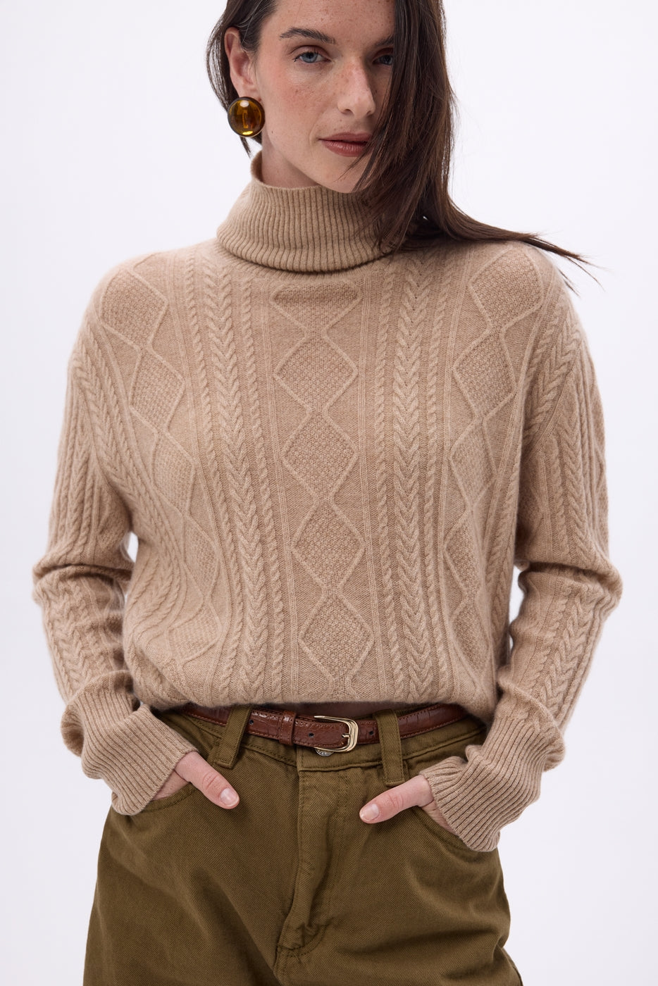 Tory Oversized Cable-Knit Roll-Neck Jumper - Cream Beige - Women