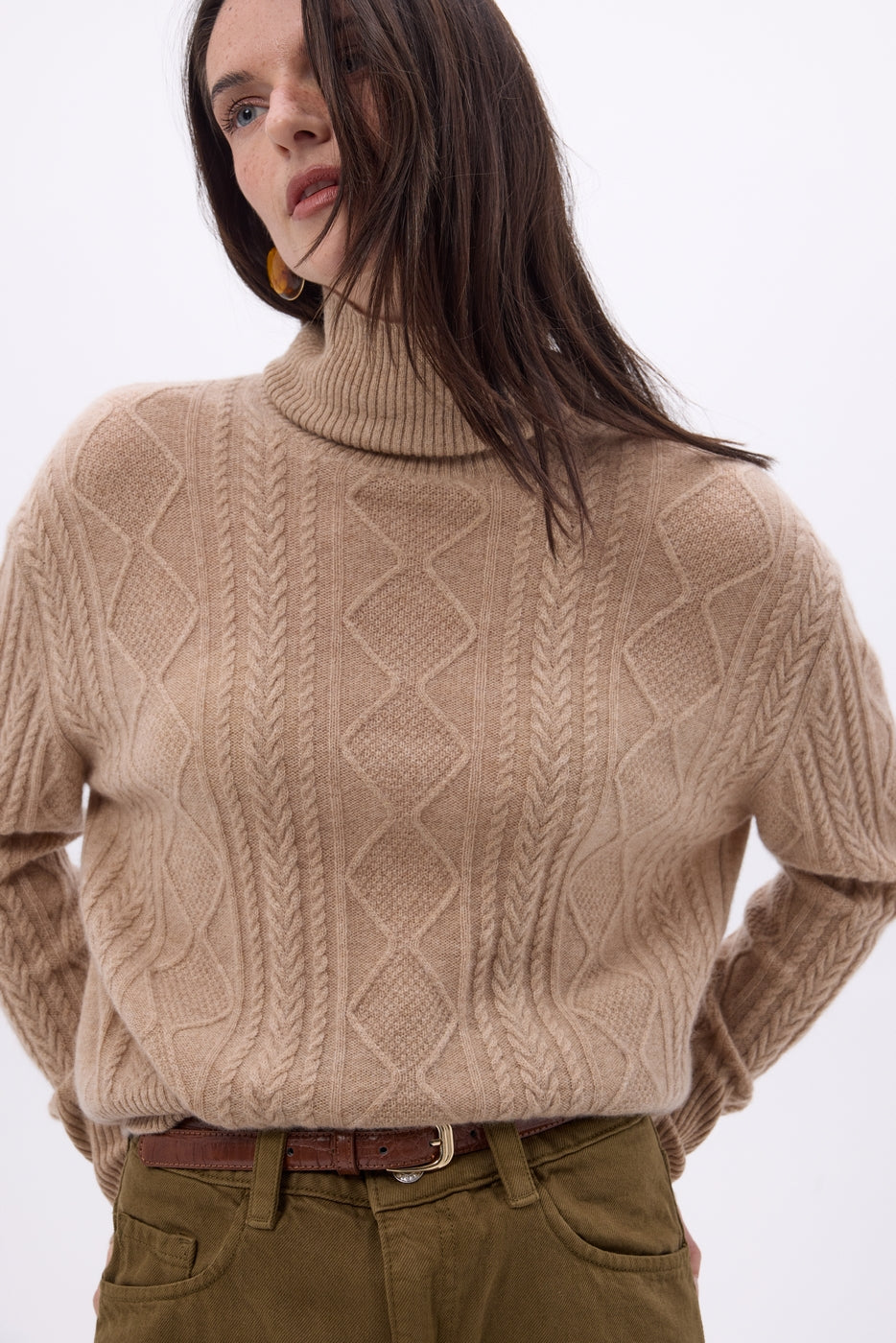 Bufanda triangular de punto trenzado Tory - Beige crema - Mujer