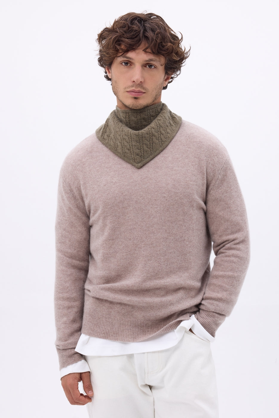Tory Cable-Knit Triangle Scarf - Mottled Khaki - Men