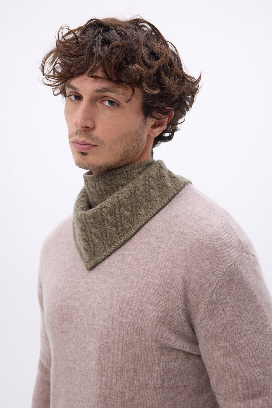 Tory Cable-Knit Triangle Scarf - Mottled Khaki - Men