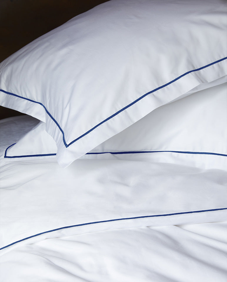 Paire de taies Satin de coton - Blanc bourdon Bleu Cobalt