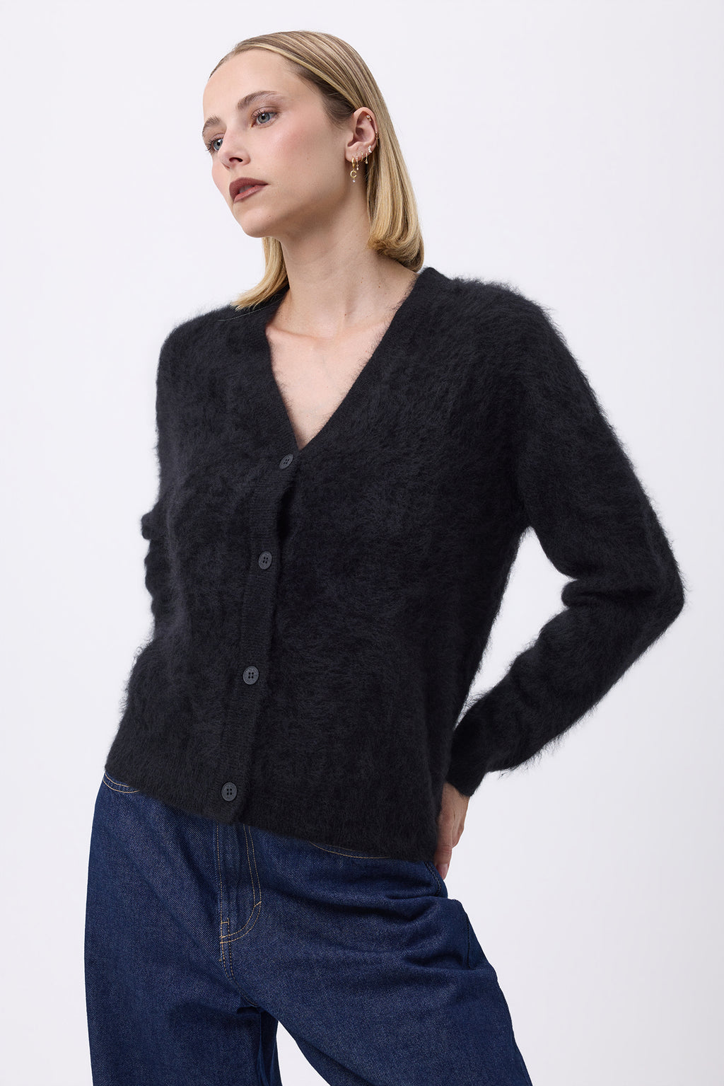 Cárdigan en V – Cachemira cepillada Tova - Negro - Mujer