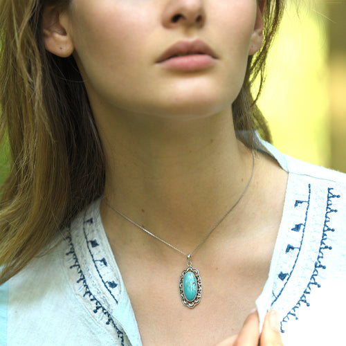 Pendentif Mani Turquoise 7,57Ct Et Argent Massif