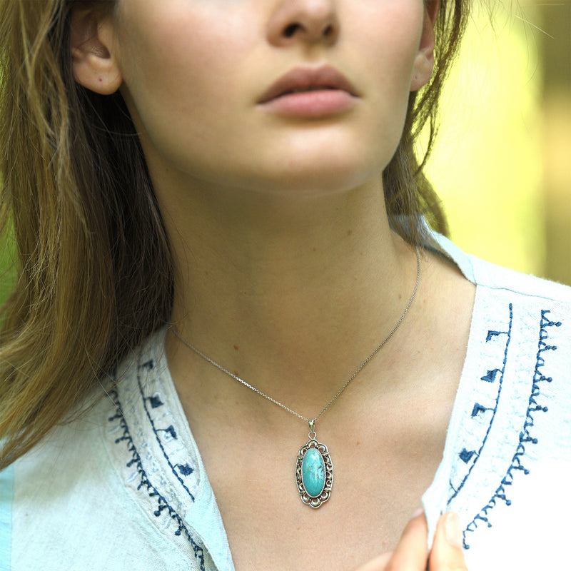 Pendentif Mani Turquoise 7,57Ct Et Argent Massif
