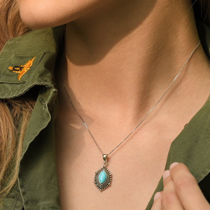Pendentif Argent Aanikaab Turquoise 1 Ct Et Argent Massif