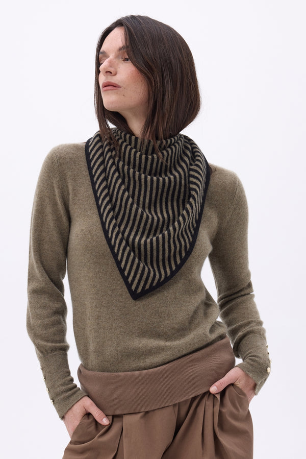 Trekantet Stribet Bandana - Meleret Khaki Sort - Dame - 100% Kashmir