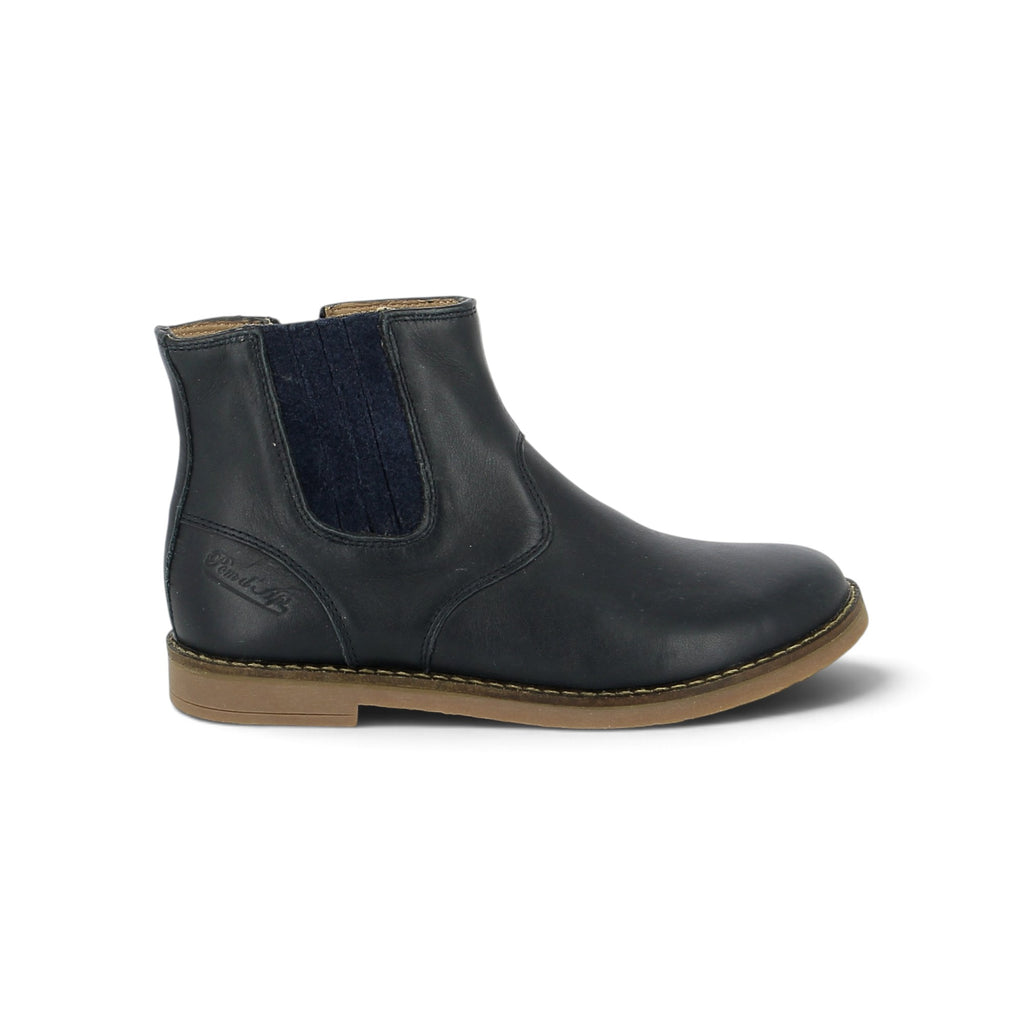 Pom d'Api – Pom D'Api - Trip Jodzip - Marine, une botte en cuir bleu marine avec une semelle marron clair
