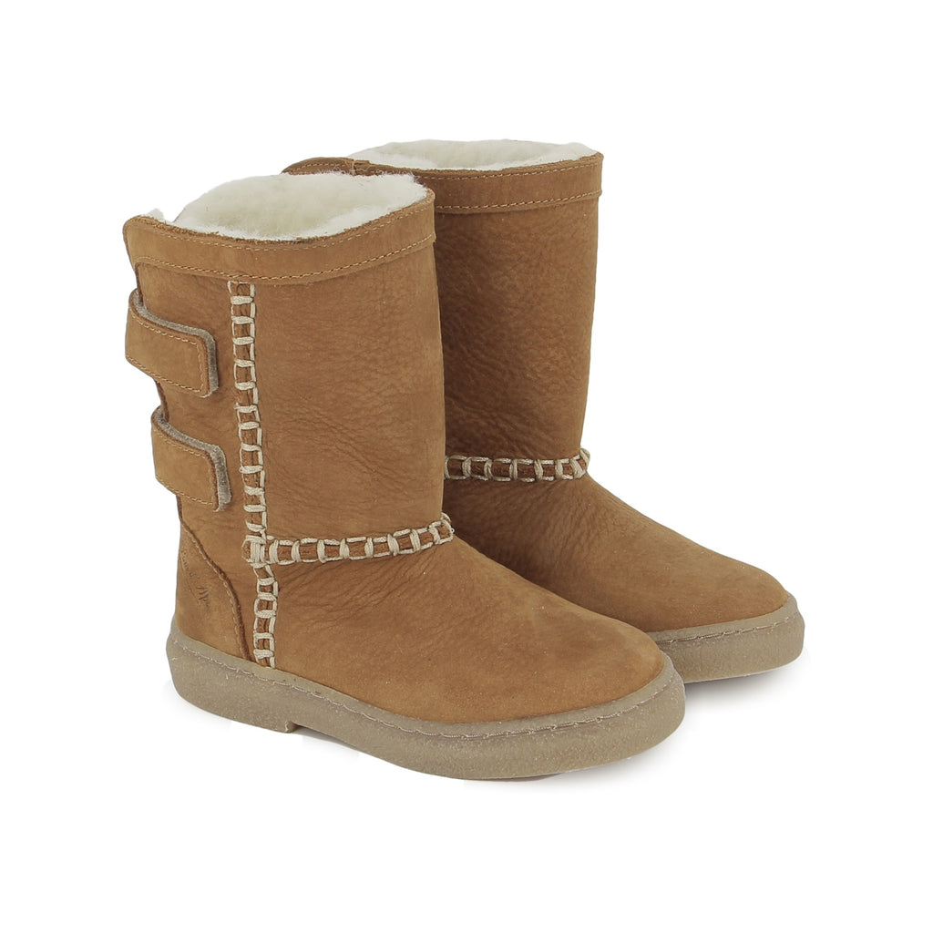 Pom d'Api – Pom D'Api - Trix Boots Indian - Camel, brązowe botki ze skóry i futerka z ozdobnymi przeszyciami