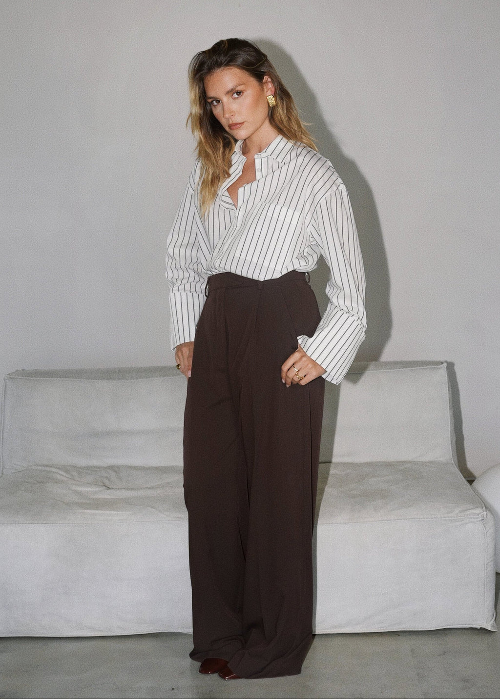 Chemise Gia Wide Cuff Cotton - White & Brown