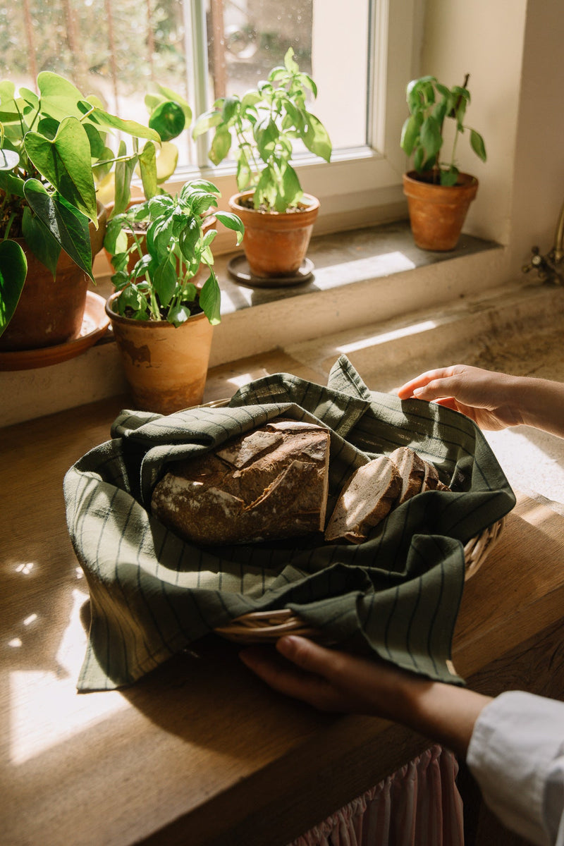 Juego de 3 paños de cocina a rayas verde alcaparra