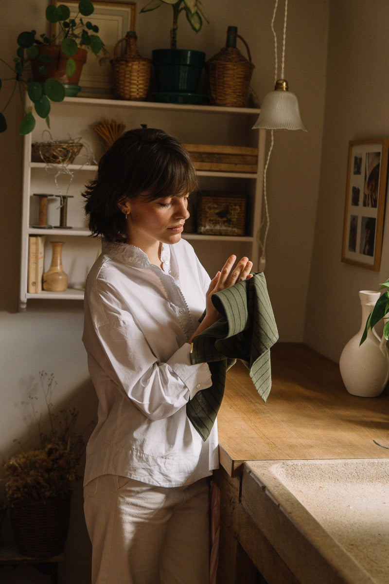 Juego de 3 paños de cocina a rayas verde alcaparra