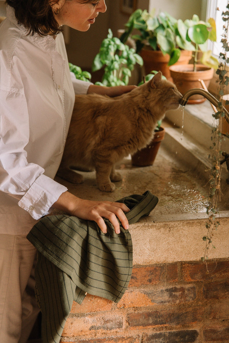 Juego de 3 paños de cocina a rayas verde alcaparra