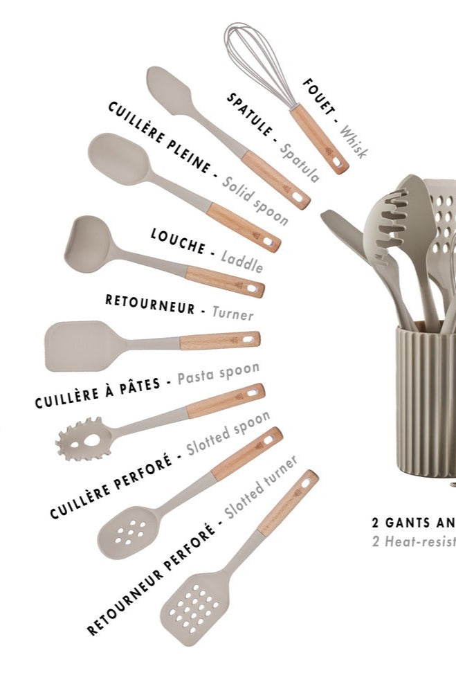 Set D'Ustensiles De Cuisine En Bois Et Silicone Gunnar - 11 Pièces