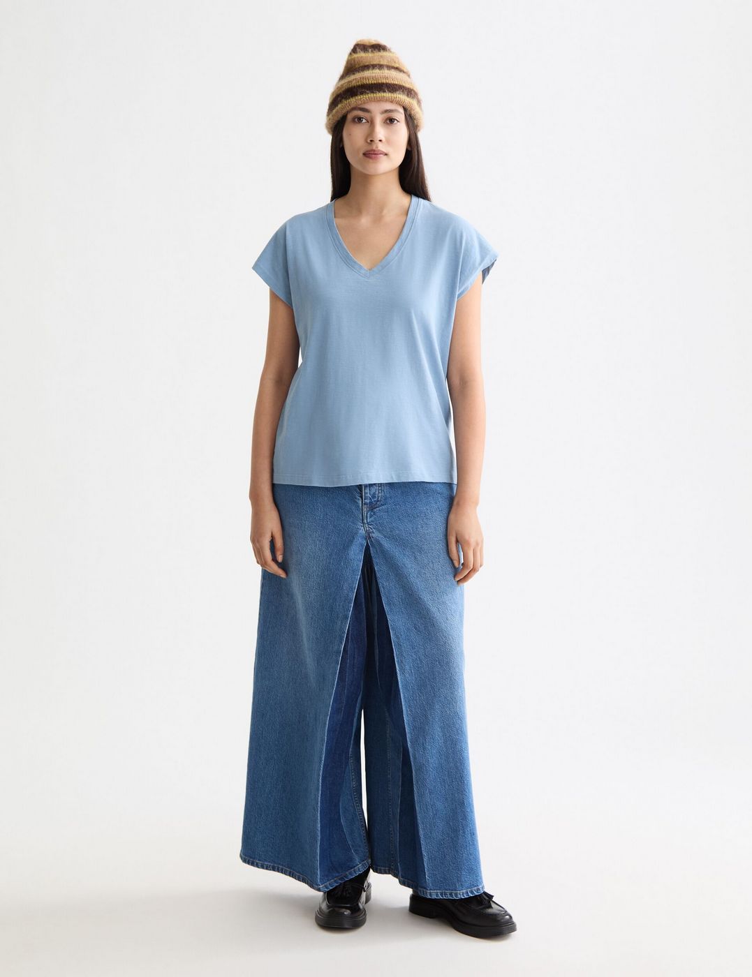 V-ringad slub-t-shirt - Jean Délavé