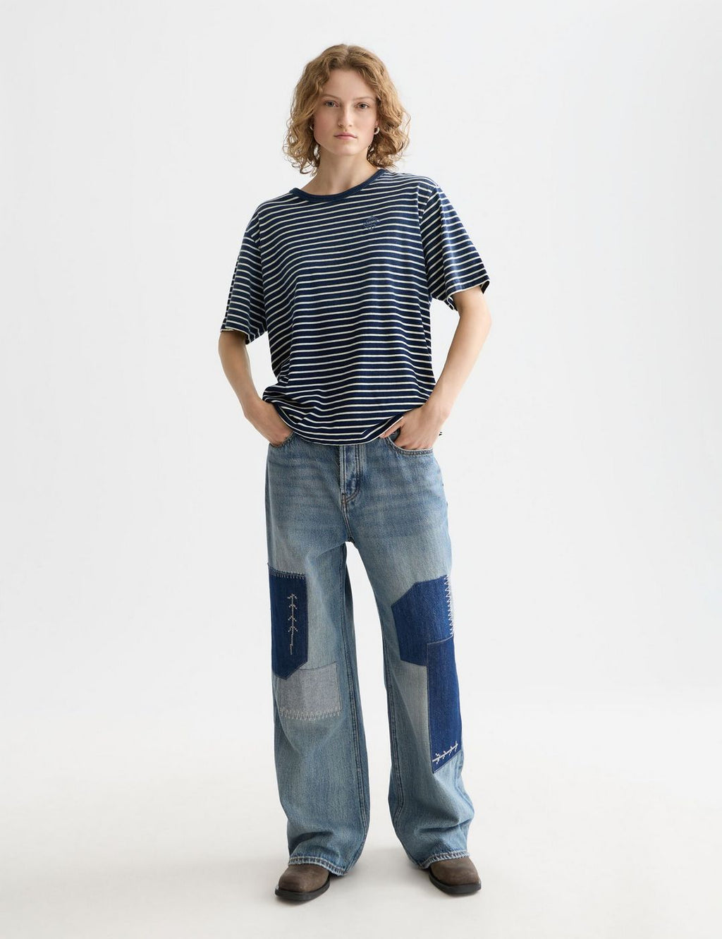 T-shirt Indigo Washed Loose Fit - Sand Stripe