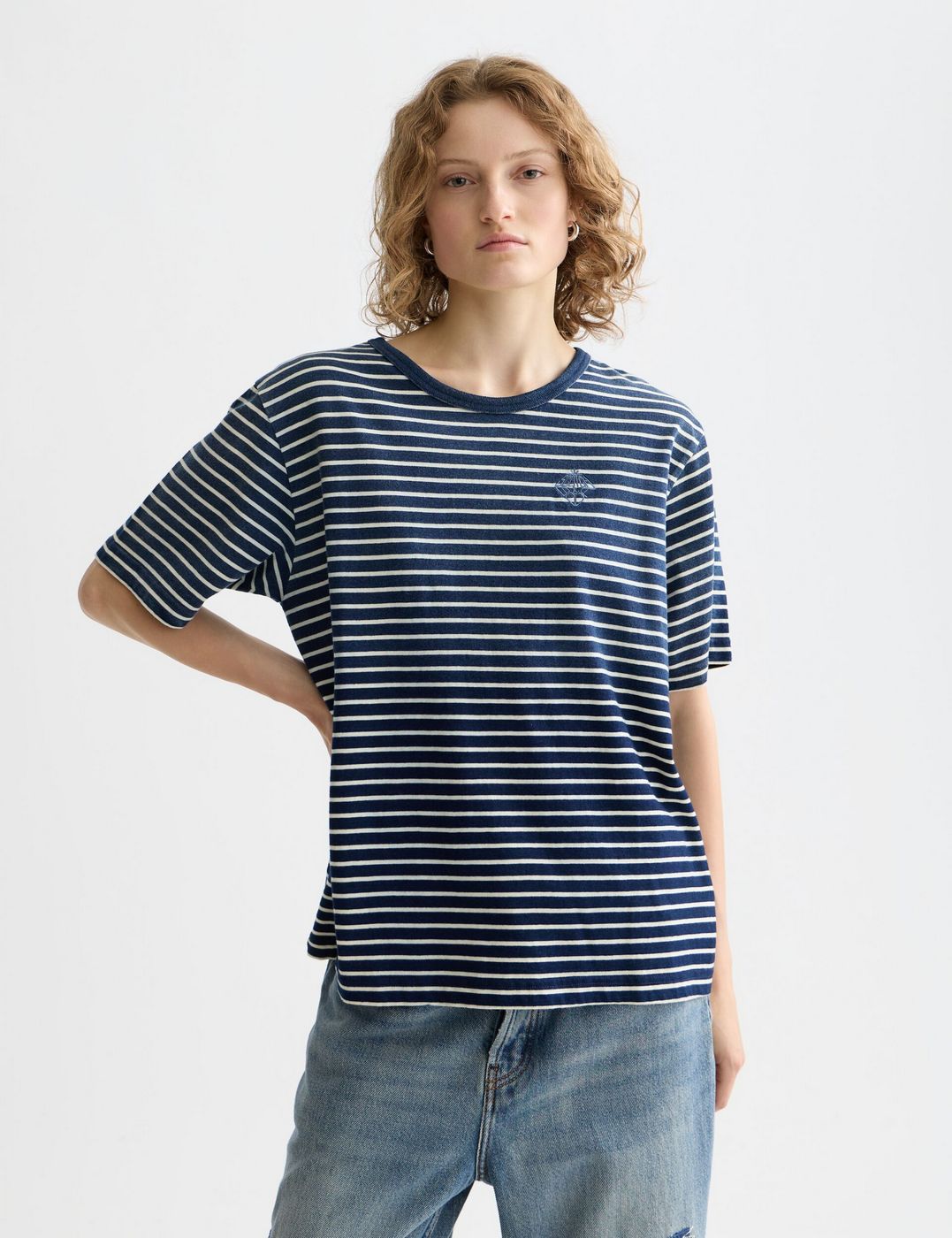 T-shirt Indigo Washed Loose Fit - Sand Stripe