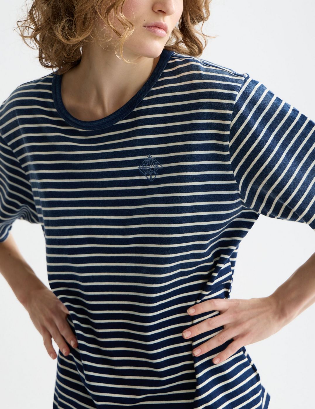 T-shirt Indigo Washed Loose Fit - Sand Stripe