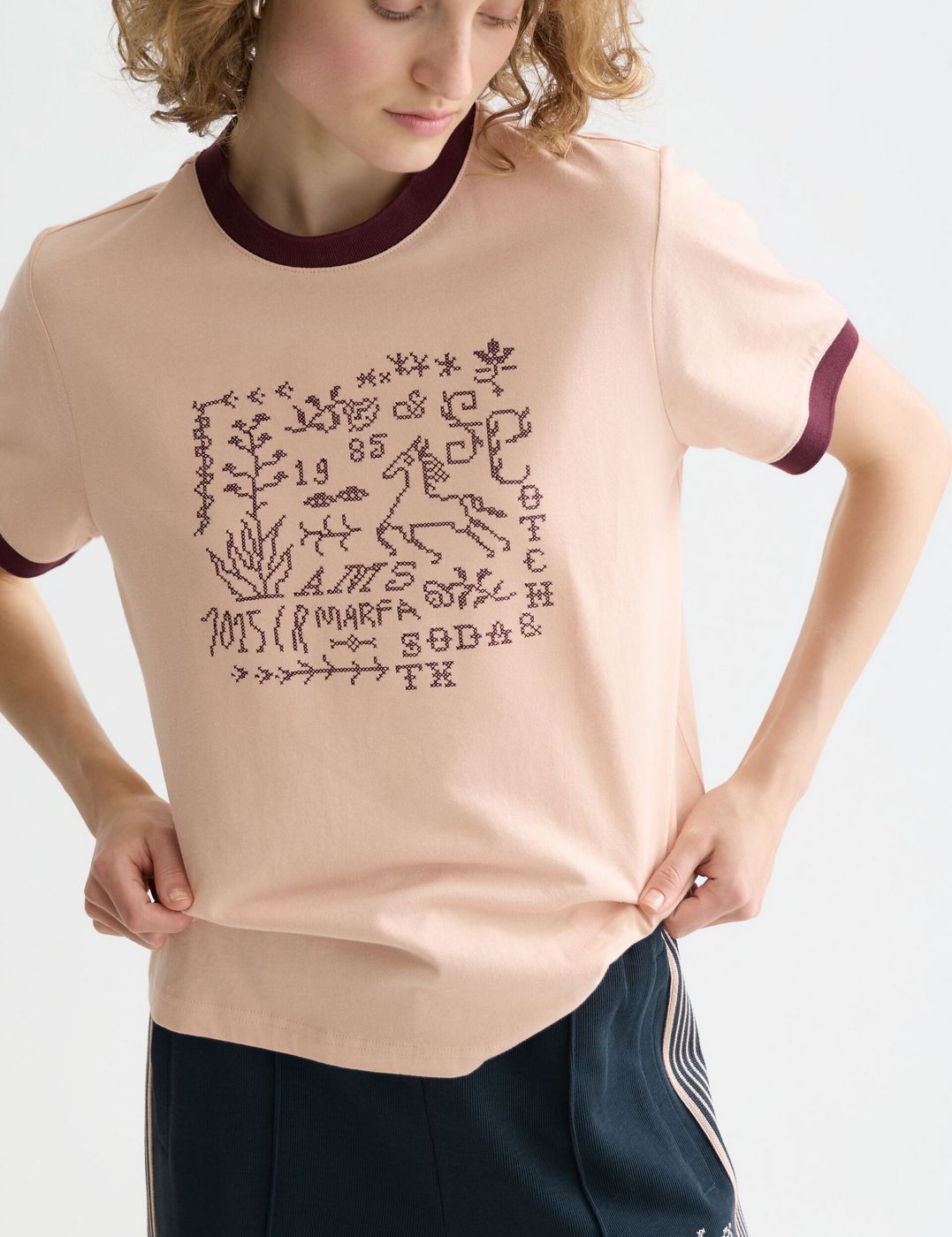 T-shirt Embroidered Ringer Regular Fit - Rose Dust