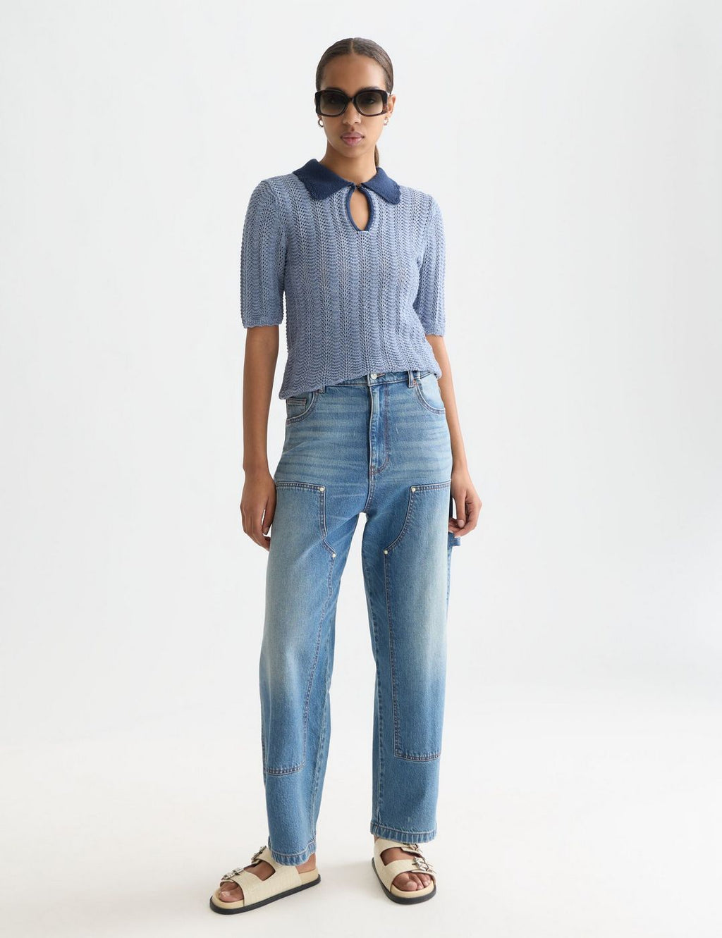 Pointelle Collared Knitted Tee - Infinity Melange