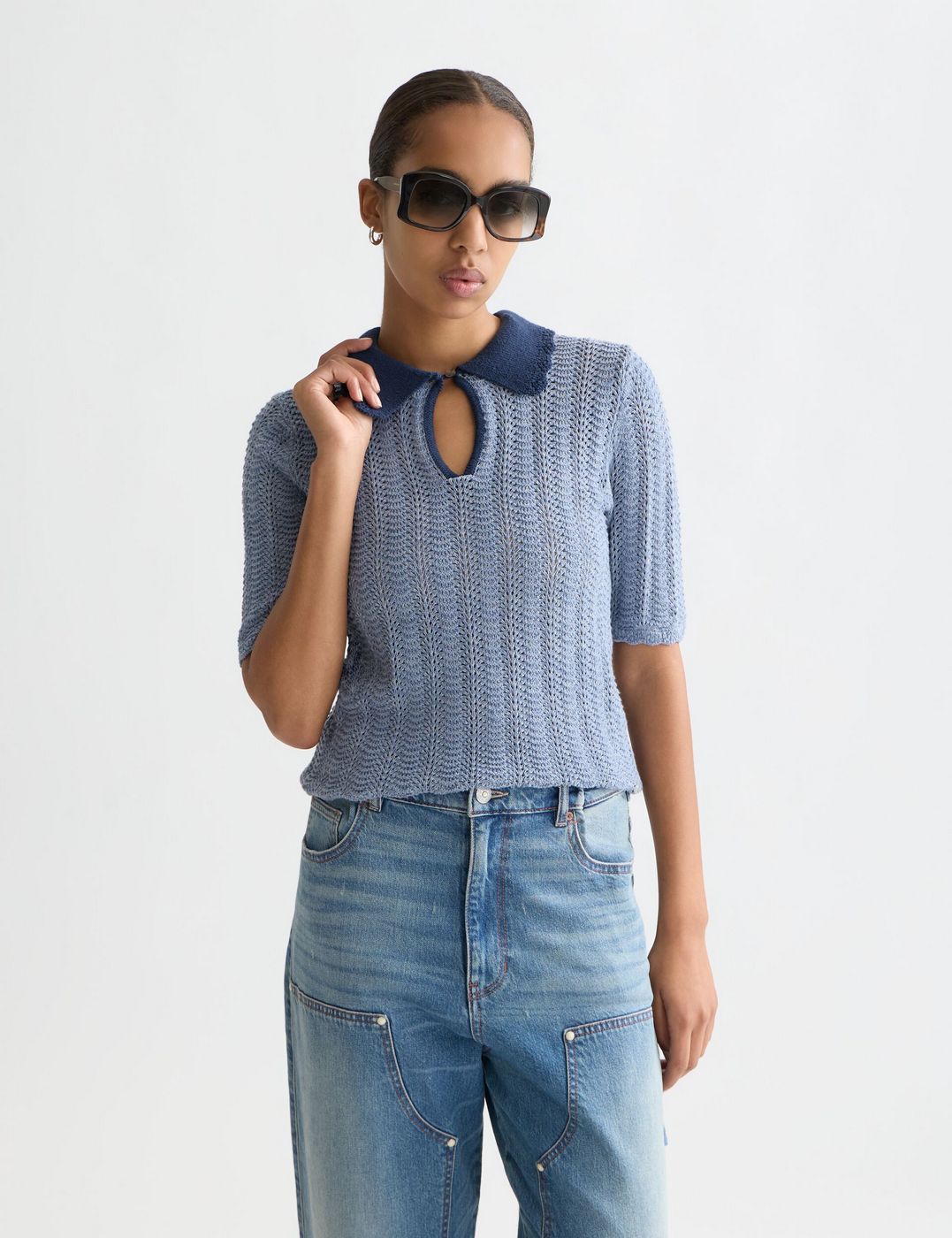 Pointelle Collared Knitted Tee - Infinity Melange