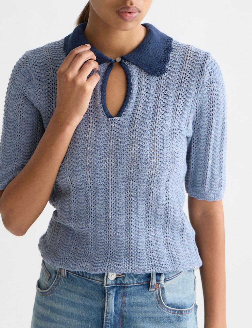 Pointelle Collared Knitted Tee - Infinity Melange