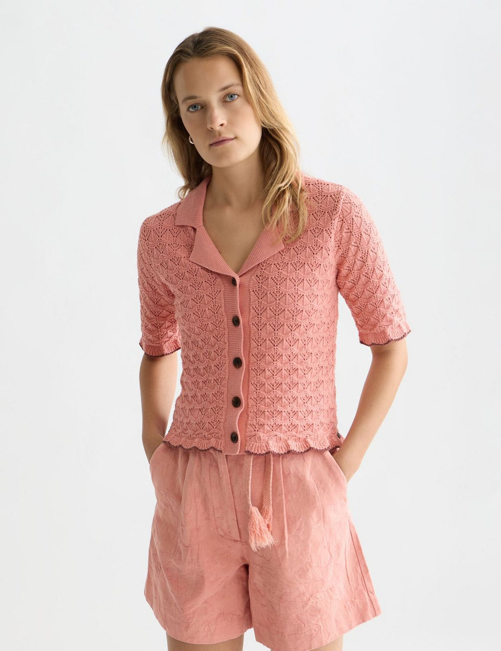 Cardigan Pointelle Short Sleeve - Canyon Clay