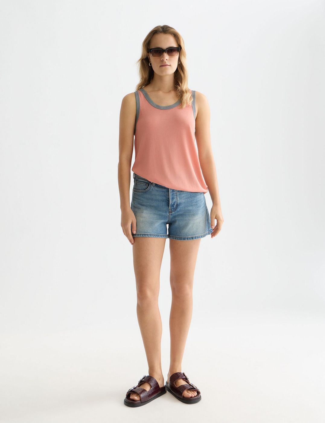 Gilet Stripe Trim Relaxed Knitted - Canyon Clay