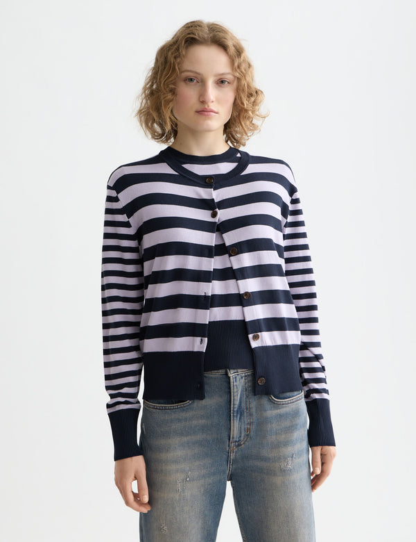 Cardigan met Ronde Hals in Relaxed Fit - Sky Captain/Lavendelstreep