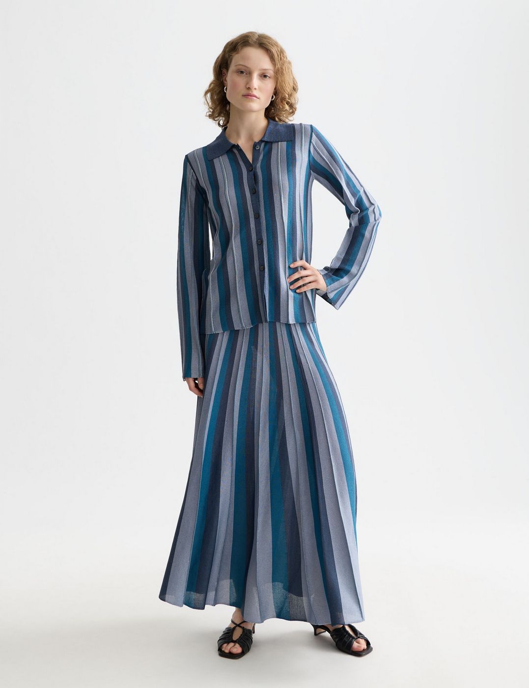 Cardigan Pleated Stripe Collared - Carbon