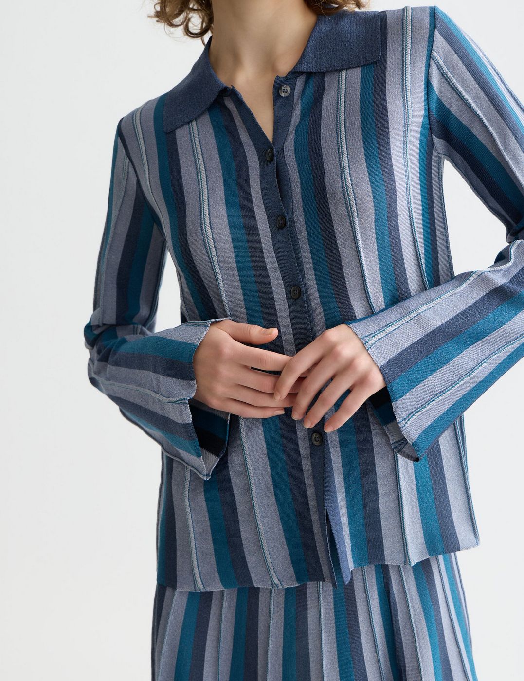 Cardigan Pleated Stripe Collared - Carbon