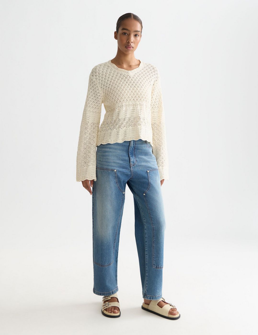 Pull Pointelle Stitch V Neck - Eggnog