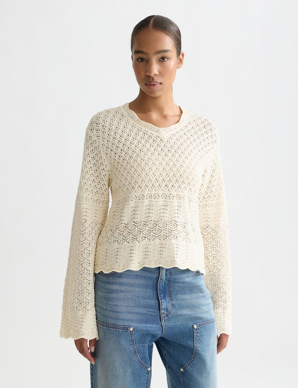 Pull Pointelle Stitch V Neck - Eggnog