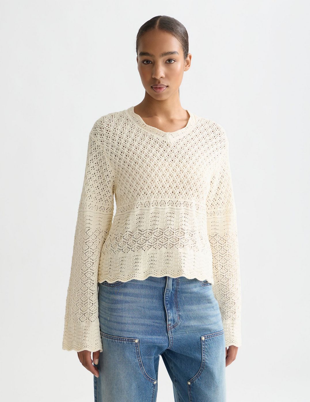Pull Pointelle Stitch V Neck - Eggnog