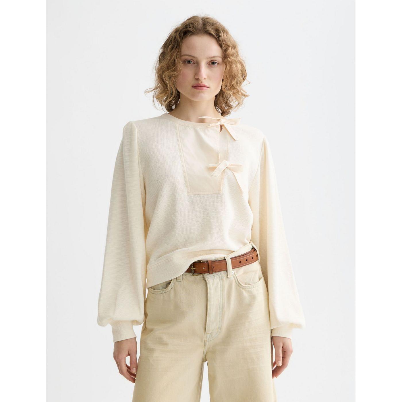 Sweat Open Neck With Woven Front Placket - Eggnog