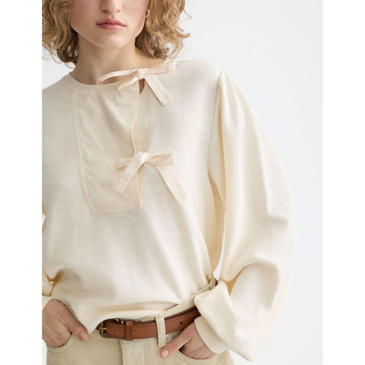 Sweat Open Neck With Woven Front Placket - Eggnog