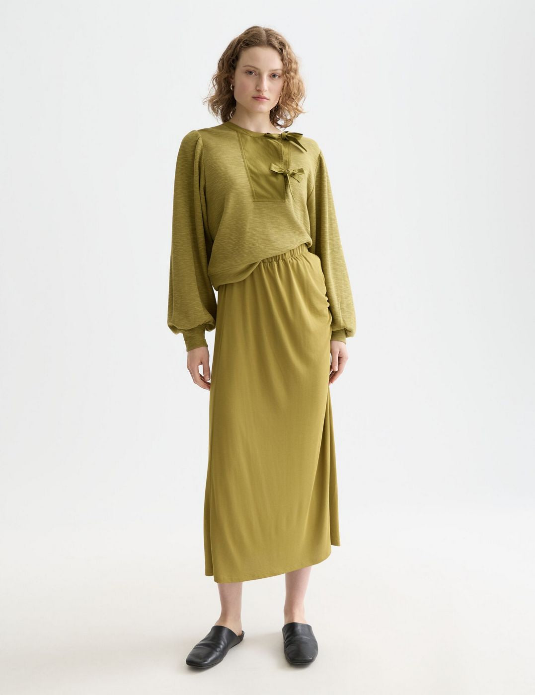 Sweat Open Neck With Woven Front Placket - Green Moss