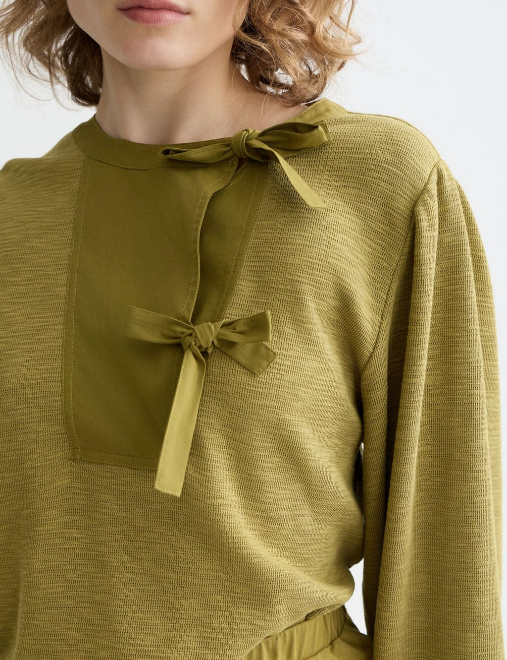 Sweat Open Neck With Woven Front Placket - Green Moss