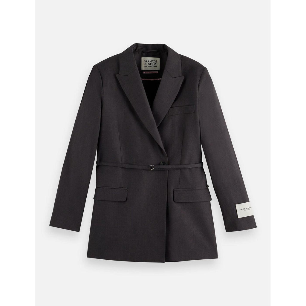 Blazer Core Double Breasted Wool Boyfriend With Belt - Charcoal Melange