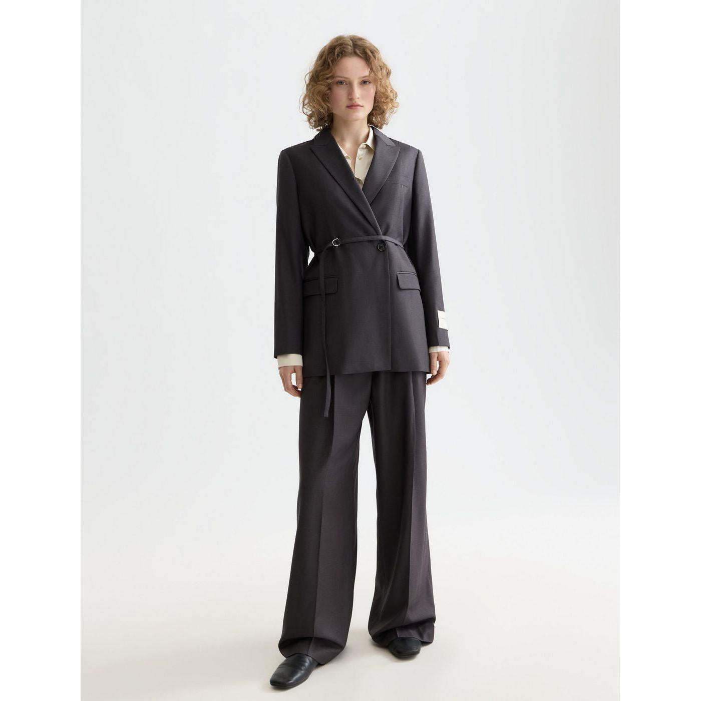 Blazer Core Double Breasted Wool Boyfriend With Belt - Charcoal Melange