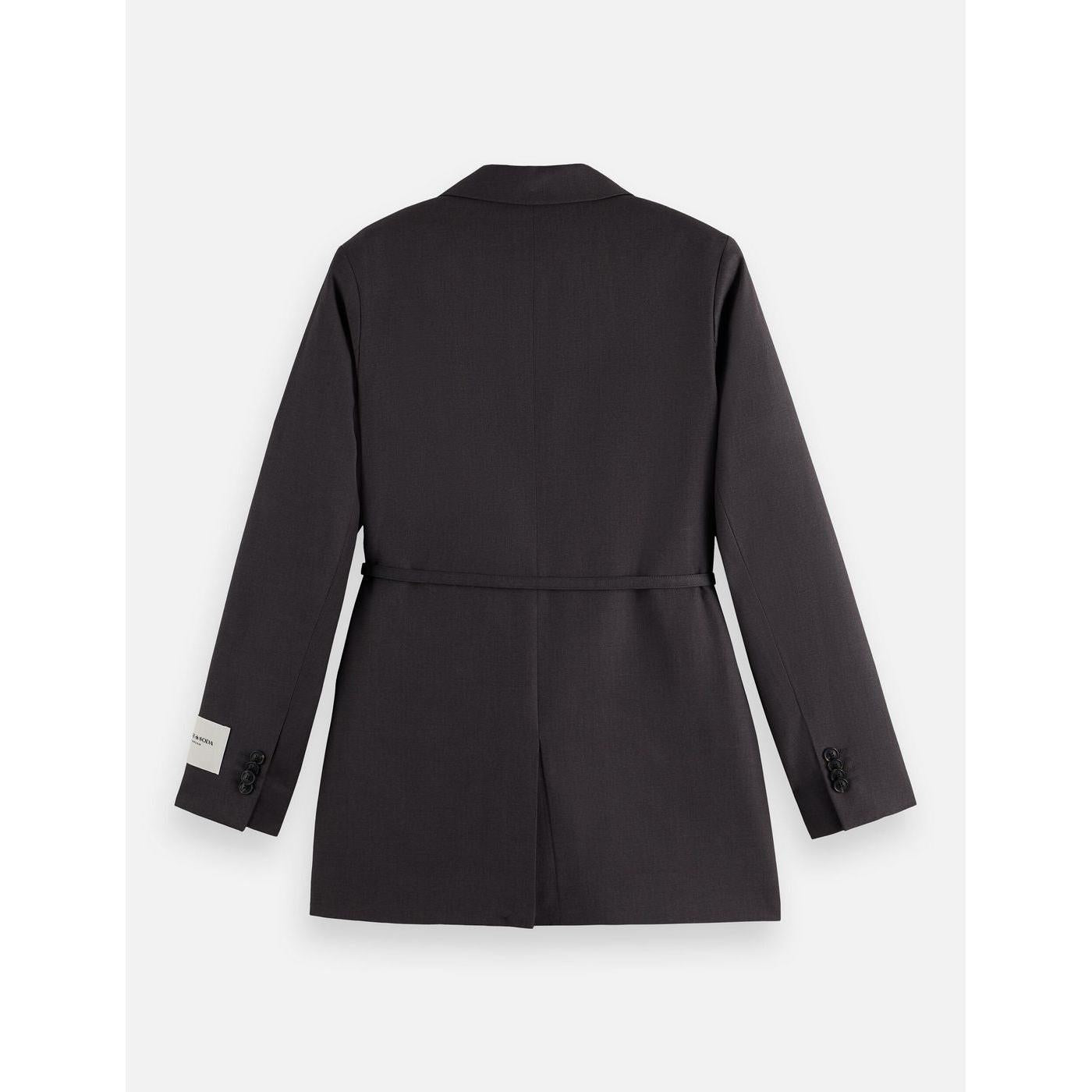 Blazer Core Double Breasted Wool Boyfriend With Belt - Charcoal Melange