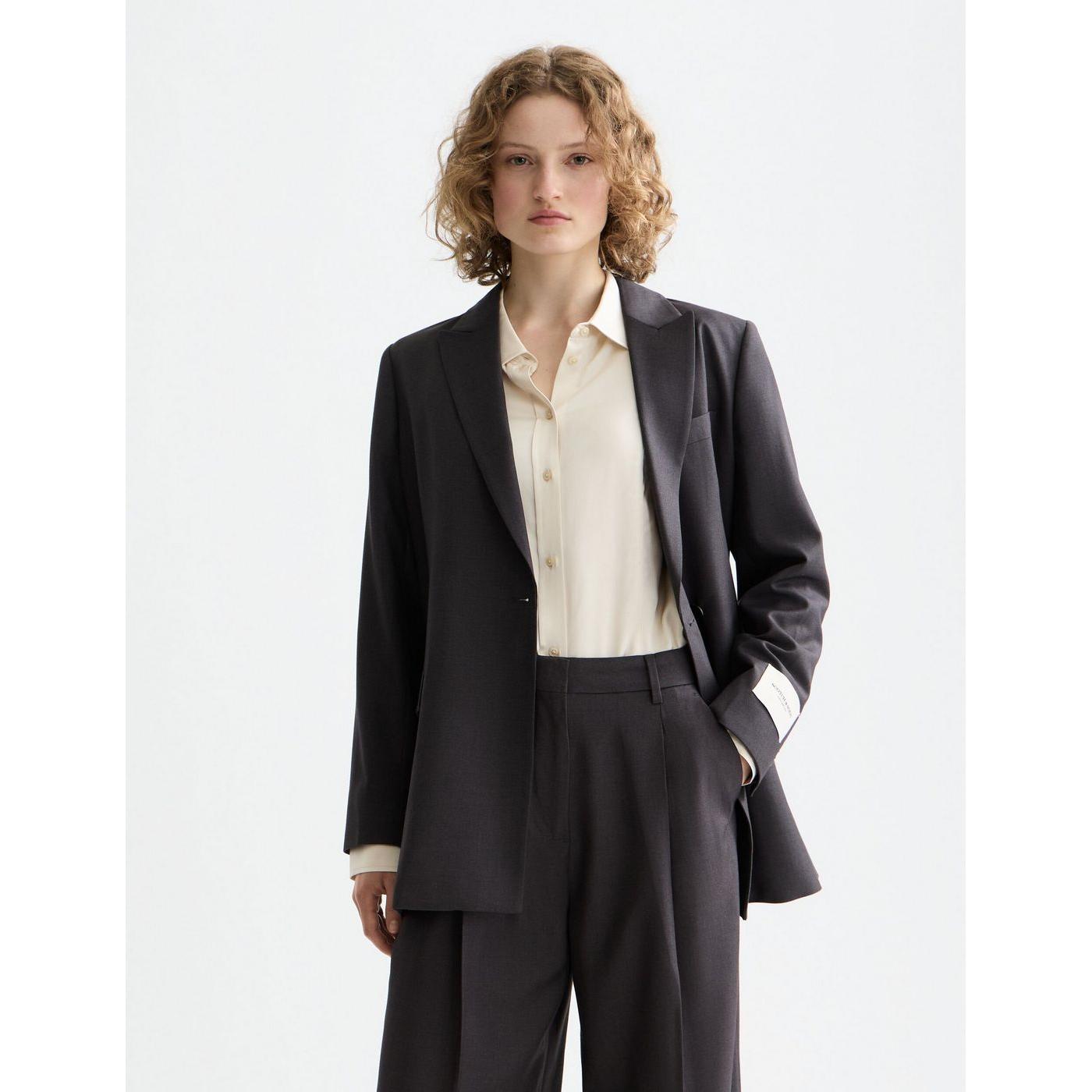 Blazer Core Double Breasted Wool Boyfriend With Belt - Charcoal Melange