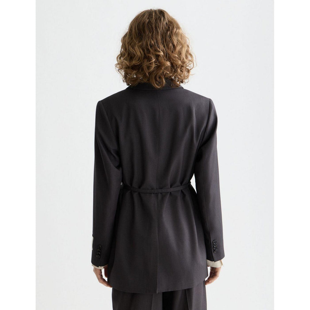 Blazer Core Double Breasted Wool Boyfriend With Belt - Charcoal Melange