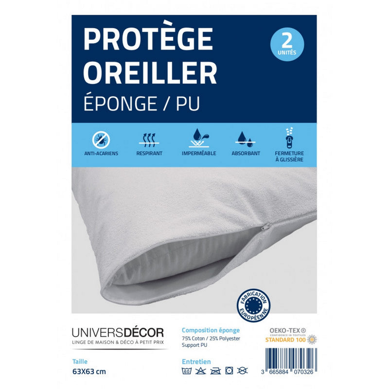 Lot De 2 Protèges Oreiller - Éponge Imperméable Anti-Acariens - Blanc