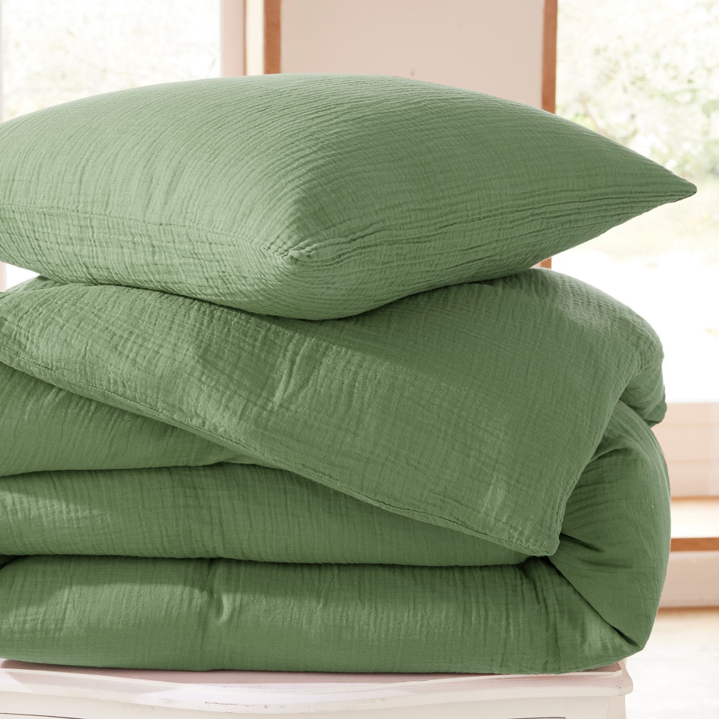Duvet Set (Cover + Pillowcases) - 100% Cotton Gauze - Olive