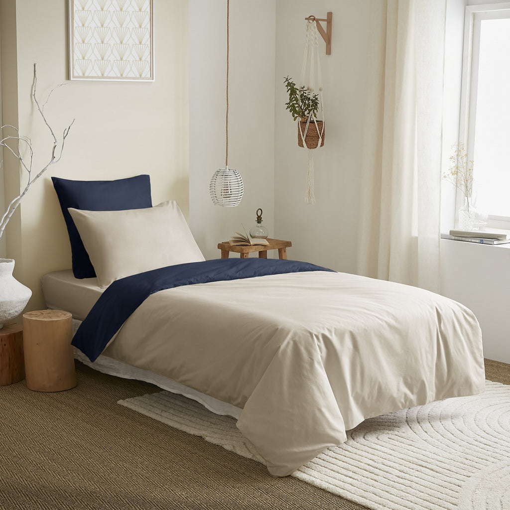 Pack Housse De Couette 4 Pièces - 100% Coton - Lin/Marine