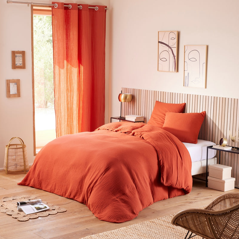 Pack Complet (Housse De Couette + Taie(s) + Drap Housse) - Gaze De Coton - Terracotta