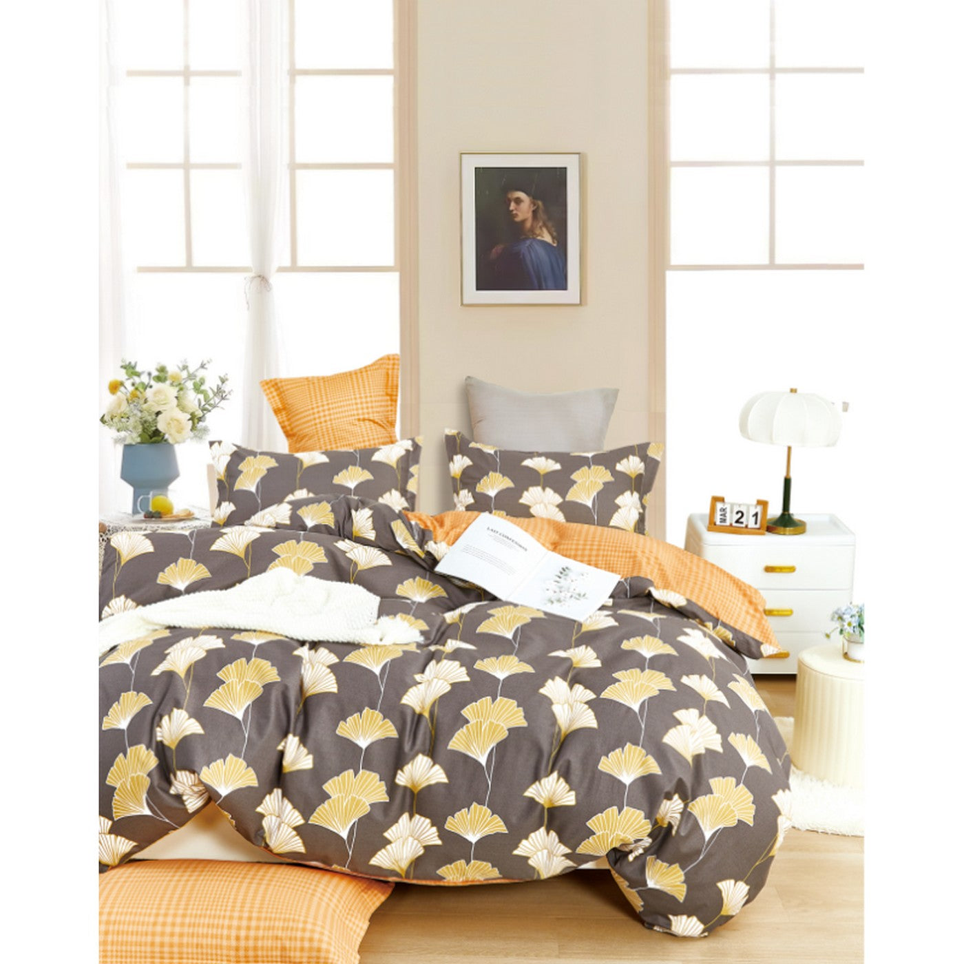 “Double-Faced Print” Duvet Set + 2 Flat Pique Ruffle Pillowcases – 100% Pure Combed Cotton Percale 80 Thread Count/Cm152 – Ginkgo