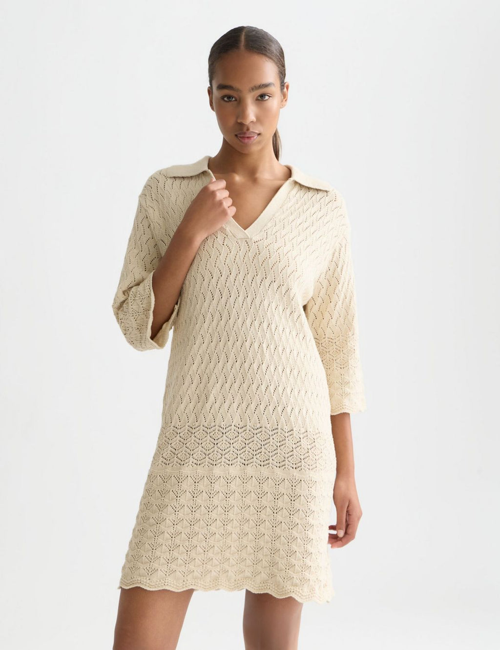 Robe Pointelle Stitch Knitted Short Tunic - Fog