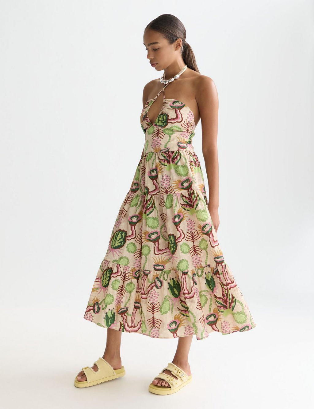 Robe Cotton Seersucker Keyhole Halter Midi - Desert Floral Canyon Clay